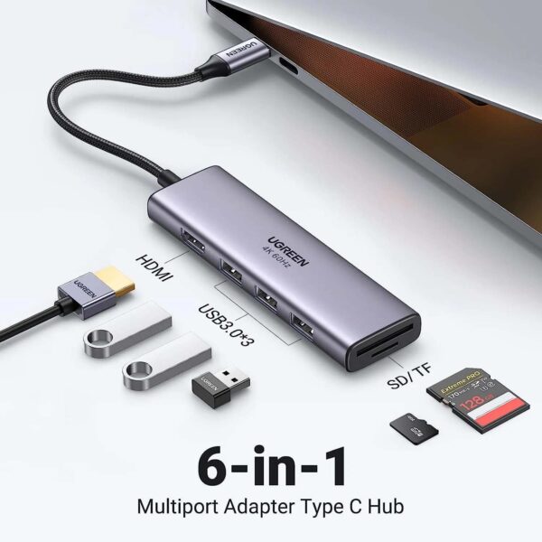 Hub Ugreen Usb-C 6 In 1 Hdmi/Sd/Tf 3Xusb 3.0 4K@60Hz Cm511-Grey - Imagen 2