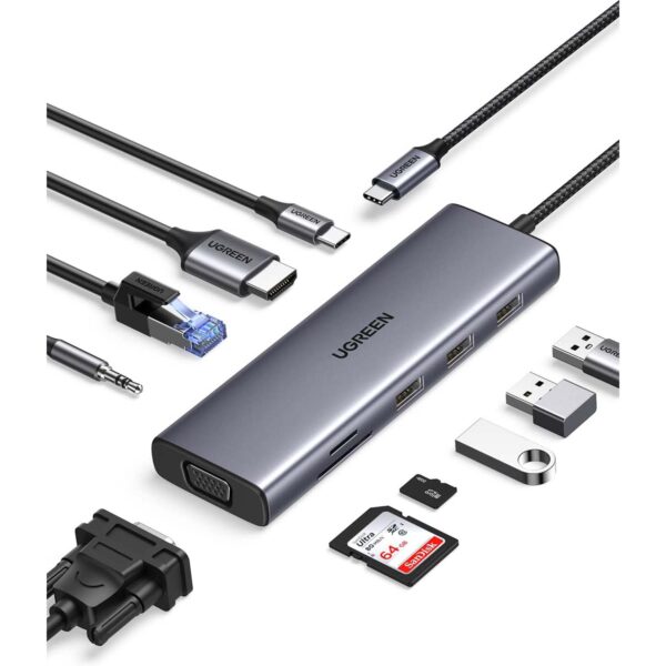 Hub Ugreen Usb-C 10 In 1 Hdmi/Vga 4K Ethernet 1Gbps 100W Pd Grey - Imagen 2