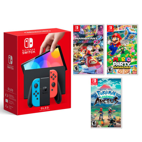 Consola Nintendo Switch Modelo Oled Neon + Mario Kart 8 + Mario Party Superstar + Pokémon Legends Arceus