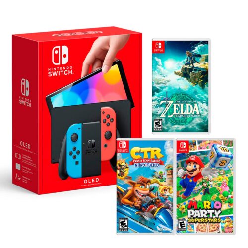 Consola Nintendo Switch Modelo Oled Neon + Zelda Tears Of The Kingdom + Crash Team Racing + Mario Party Superstar