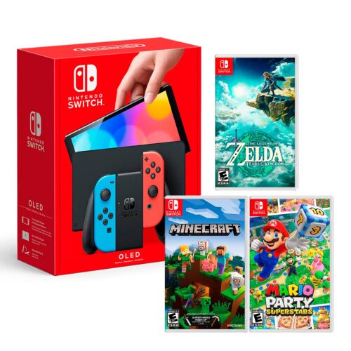 Consola Nintendo Switch Modelo Oled Neon + Zelda Tears Of The Kingdom + Minecraft+ Mario Party Superstar