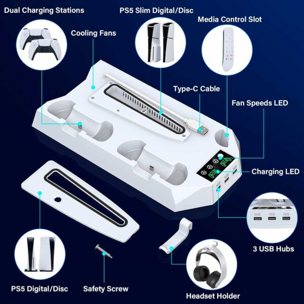 Soporte De Refrigeración Led Multifuncional Con Controlador De Carga Playstation 5 Slim Blanco - Imagen 4