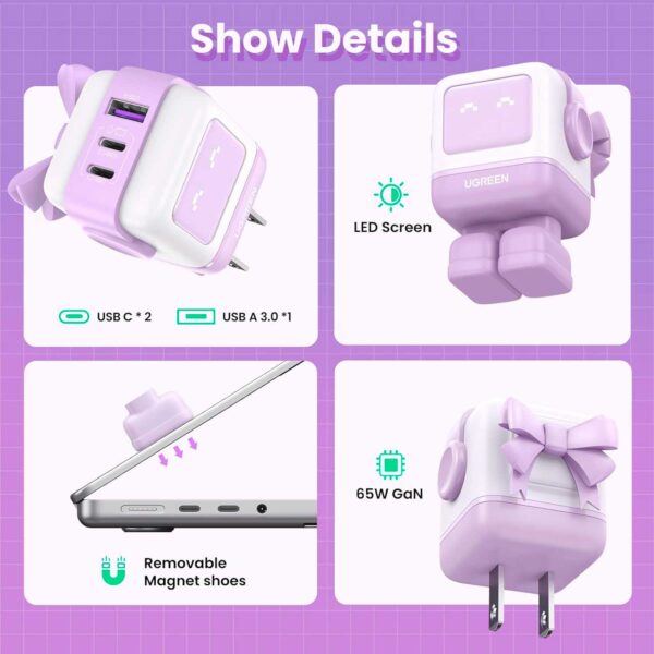 Cargador Ugreen Robot 65 Watts Tipo C Pantalla Led Carga Rapida Purple 35314 - Imagen 2