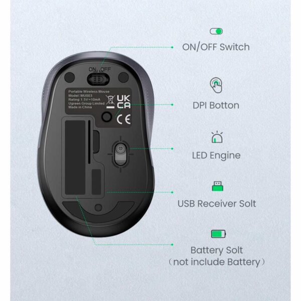 Mouse Ugreen Inalambrico Ergonomico 2.4 G 2400 Dpi Negro MU003 |90371 - Imagen 5