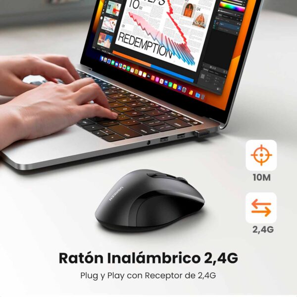 Mouse Ergonomico Inalámbrico Ugreen 2.4G con Receptor 1600 dpi Negro M511 45012 - Imagen 2