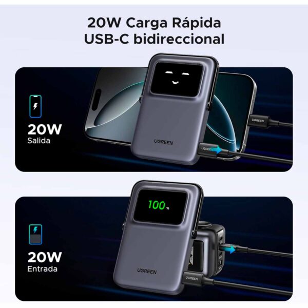 Power Bank Ugreen magnético con carga inalámbrica 5000Mah Negro Pb571 35605B - Imagen 3