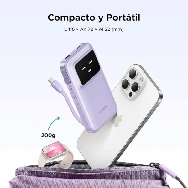 Power Bank Ugreen 10000Mah con Cable USB-C 30W Purple Pb511 35604B - Imagen 6