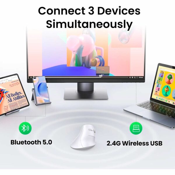 Mouse UGREEN Wireless 2.4 GHz & Bluetooth Vertical Ergonomic 5 Buttons MU008 White 45759 - Imagen 3