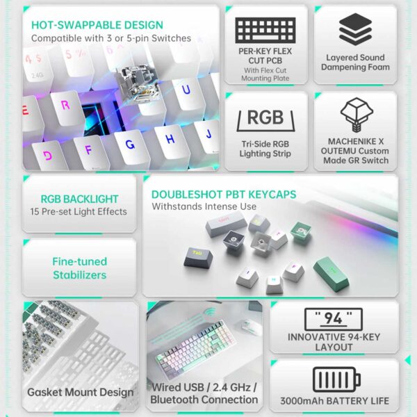 Teclado Gamer Machenike K500 Pro-B94 RGB Tri-modo BT Sp Mechanical Gray - Imagen 5
