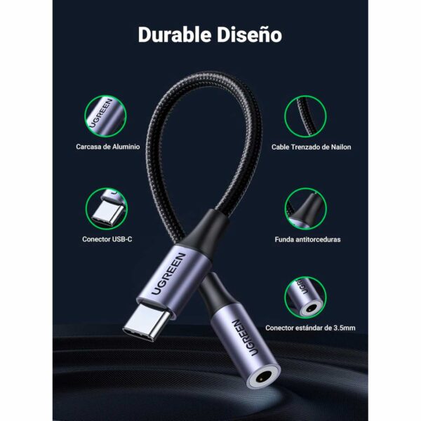 Adaptador Ugreen Audio USB-C a Jack 3.5mm Hembra 10Cm Gris AV142-30632 - Imagen 2