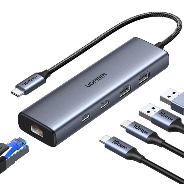 Hub Ugreen USB-C 6 Puertos 2 USB-C 2 USB-A RJ45 45320 Gris - Imagen 2