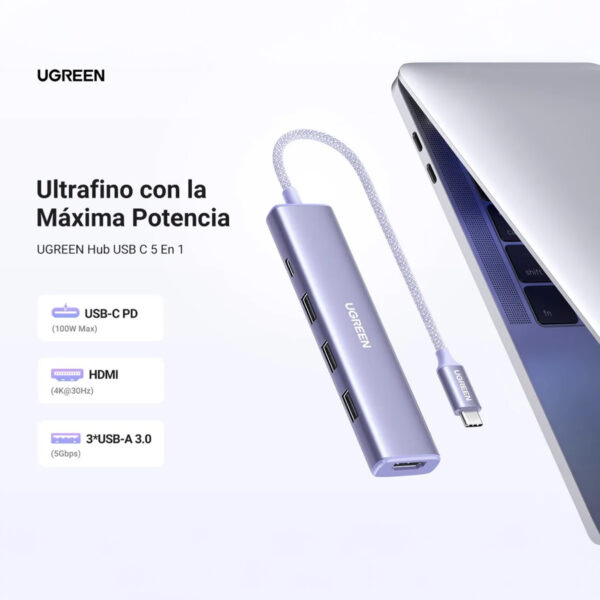 Hub Ugreen 5 En 1 USB-C HDMI 4K 3x USB-A 3.0 PD 100W CM478 35582 Plateado - Imagen 2