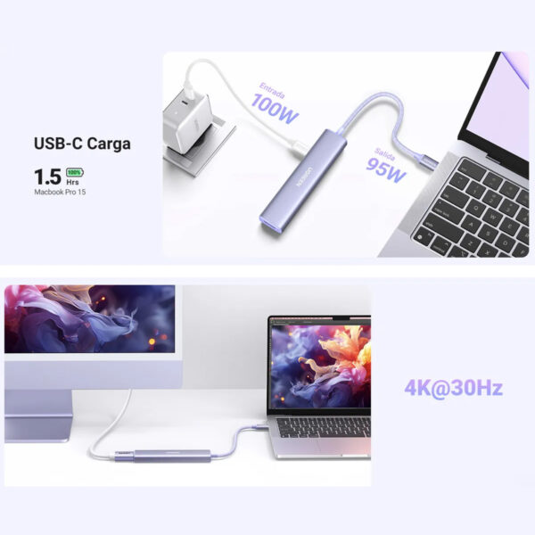 Hub Ugreen 5 En 1 USB-C HDMI 4K 3x USB-A 3.0 PD 100W CM478 35582 Plateado - Imagen 3
