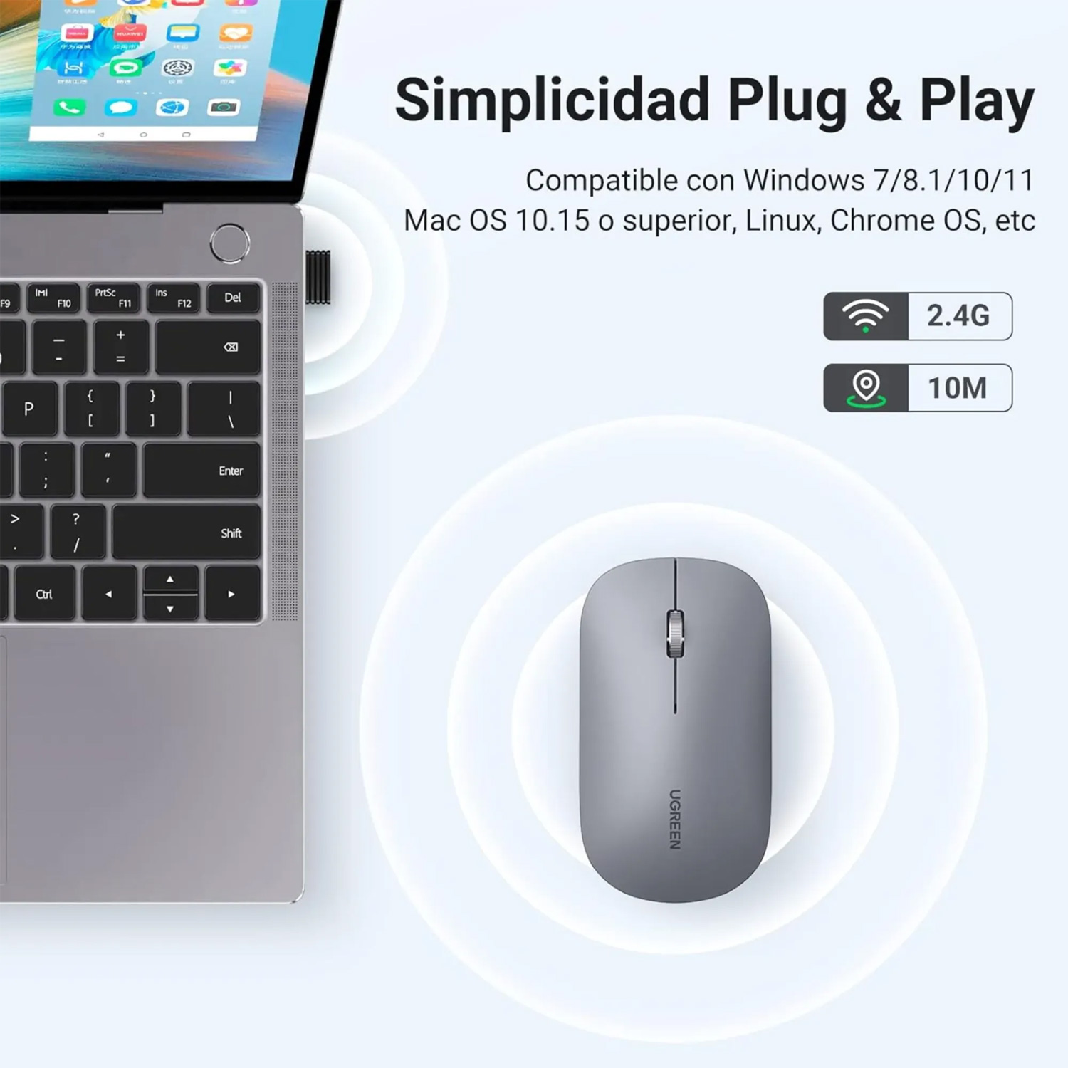 Mouse Inalambrico Ugreen Silent 2.4GHz 4000 dpi 90373 Gris - Imagen 4