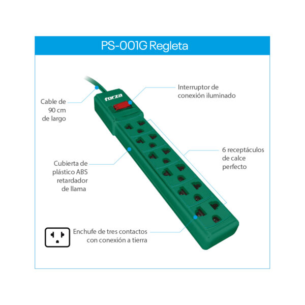 Regleta Forza PS-001G 110/220V 6-Univ NEMA Verde - Imagen 3