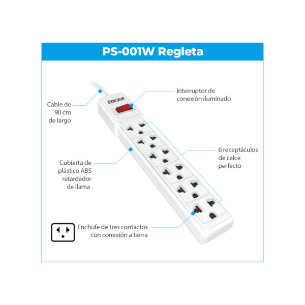 Regleta Forza PS-001W 110/220V 6-Univ NEMA Blanco - Imagen 5