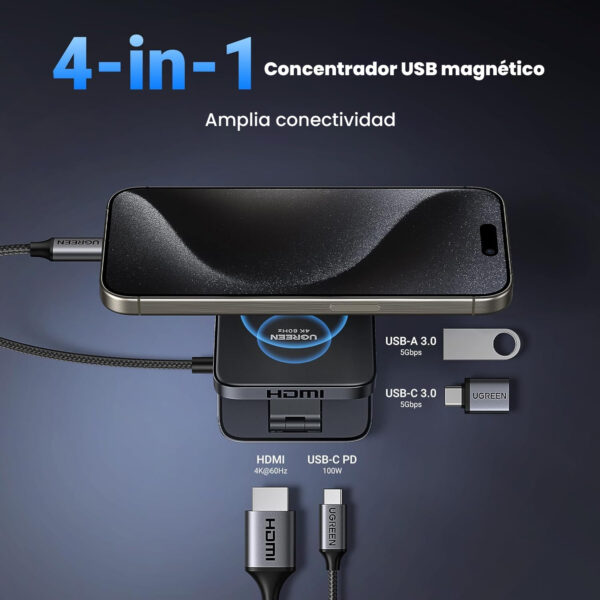 Hub Ugreen Magnetico 4 en 1 Para Celular USB-C/USB-A/HDMI 4k60Hz 100W PD 35590 Negro - Imagen 2