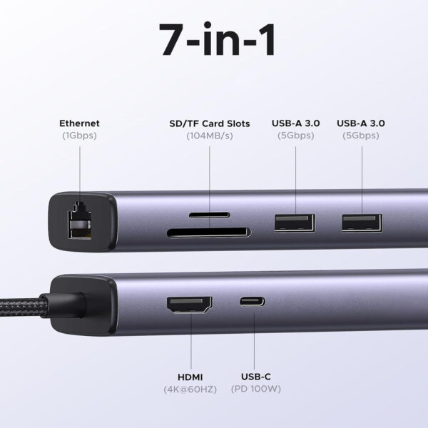 Hub Ugreen 7 en 1 2*HDMI 2*USB-A 3.0 2*USB-A 2.0 100W PD CM498 35897 Gris - Imagen 2