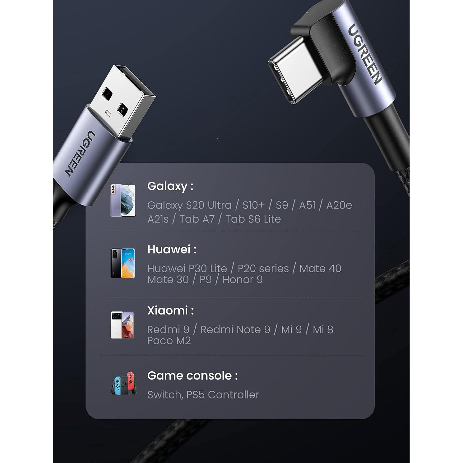 Cable Ugreen 1m USB-C angulo 90° 18W Carga Rapida 3A US284 50941 Negro - Imagen 5