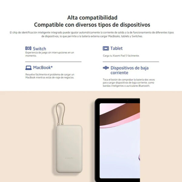Powerbank Xiaomi 20000mAh USB-C 33W Cable Integrado PB2030MI Blanco - Imagen 4