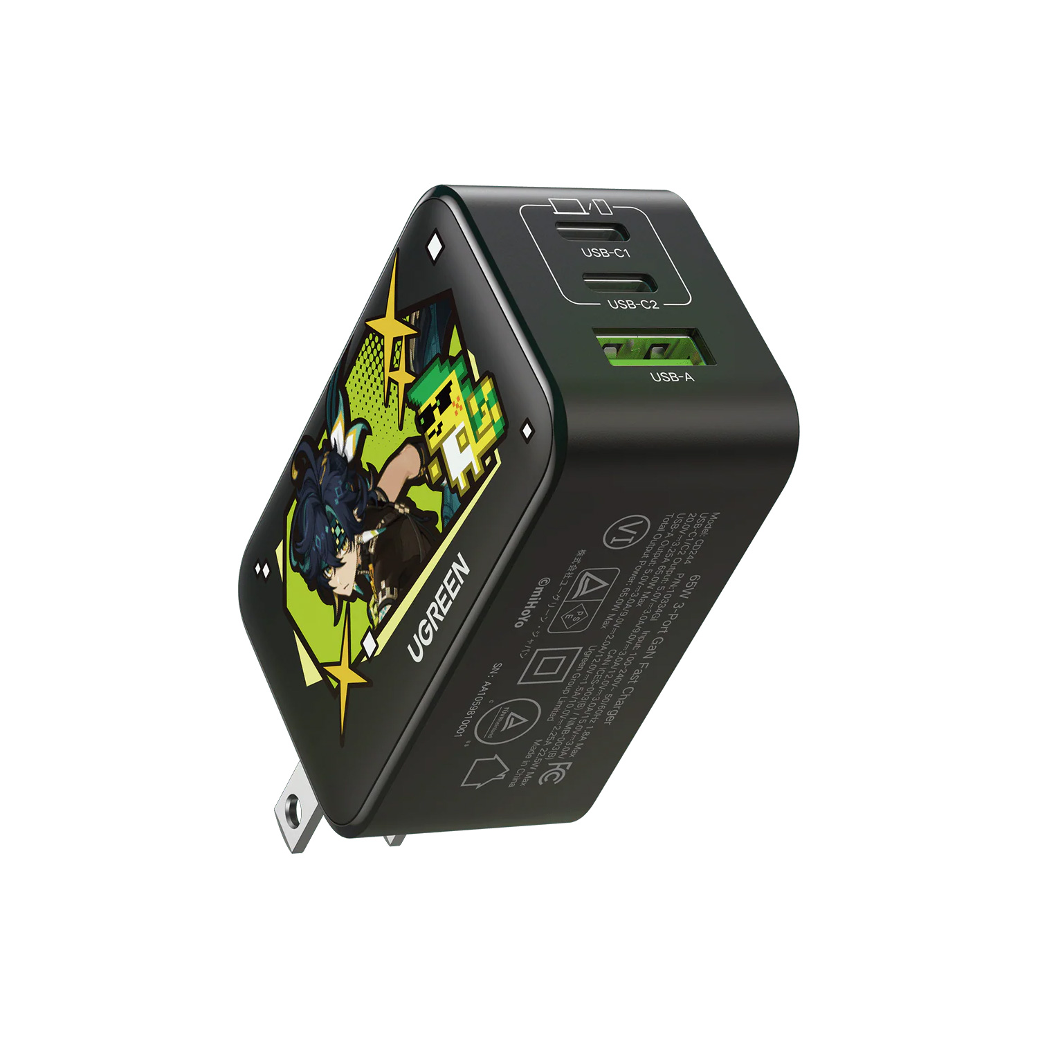 Cargador Rapido Ugreen GaN 65W 3 Puertos Edicion Genshin Impact Negro CD244-10334GI