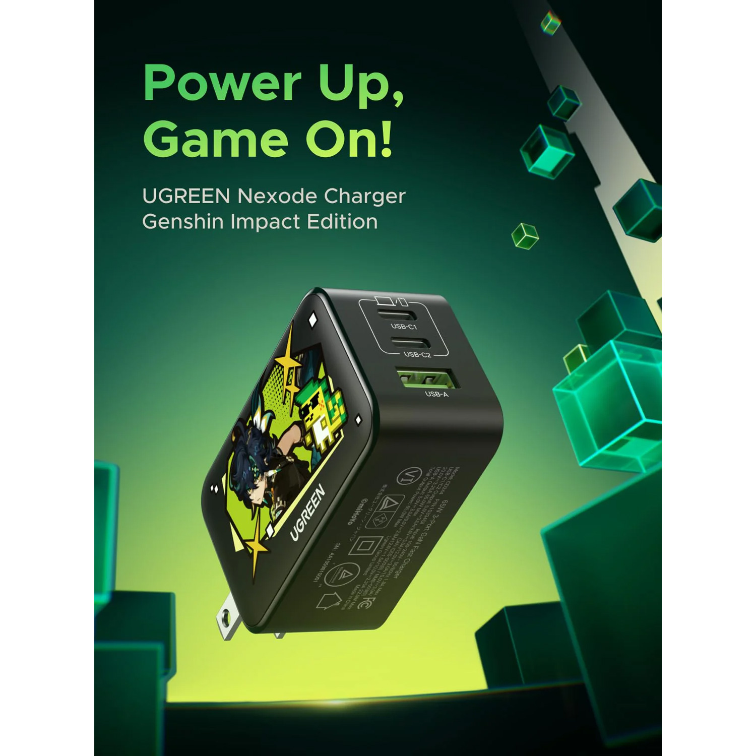 Cargador Rapido Ugreen GaN 65W 3 Puertos Edicion Genshin Impact Negro CD244-10334GI - Imagen 2