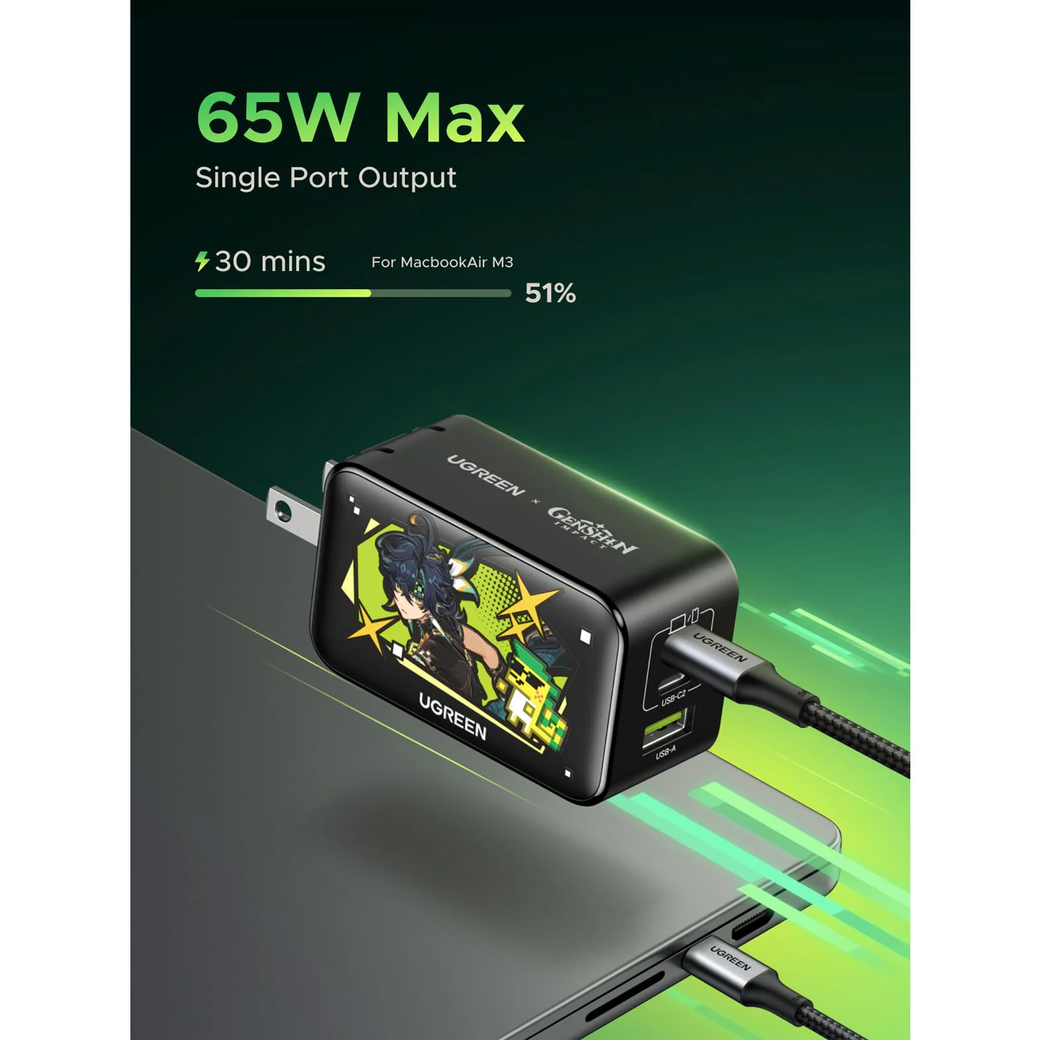Cargador Rapido Ugreen GaN 65W 3 Puertos Edicion Genshin Impact Negro CD244-10334GI - Imagen 3