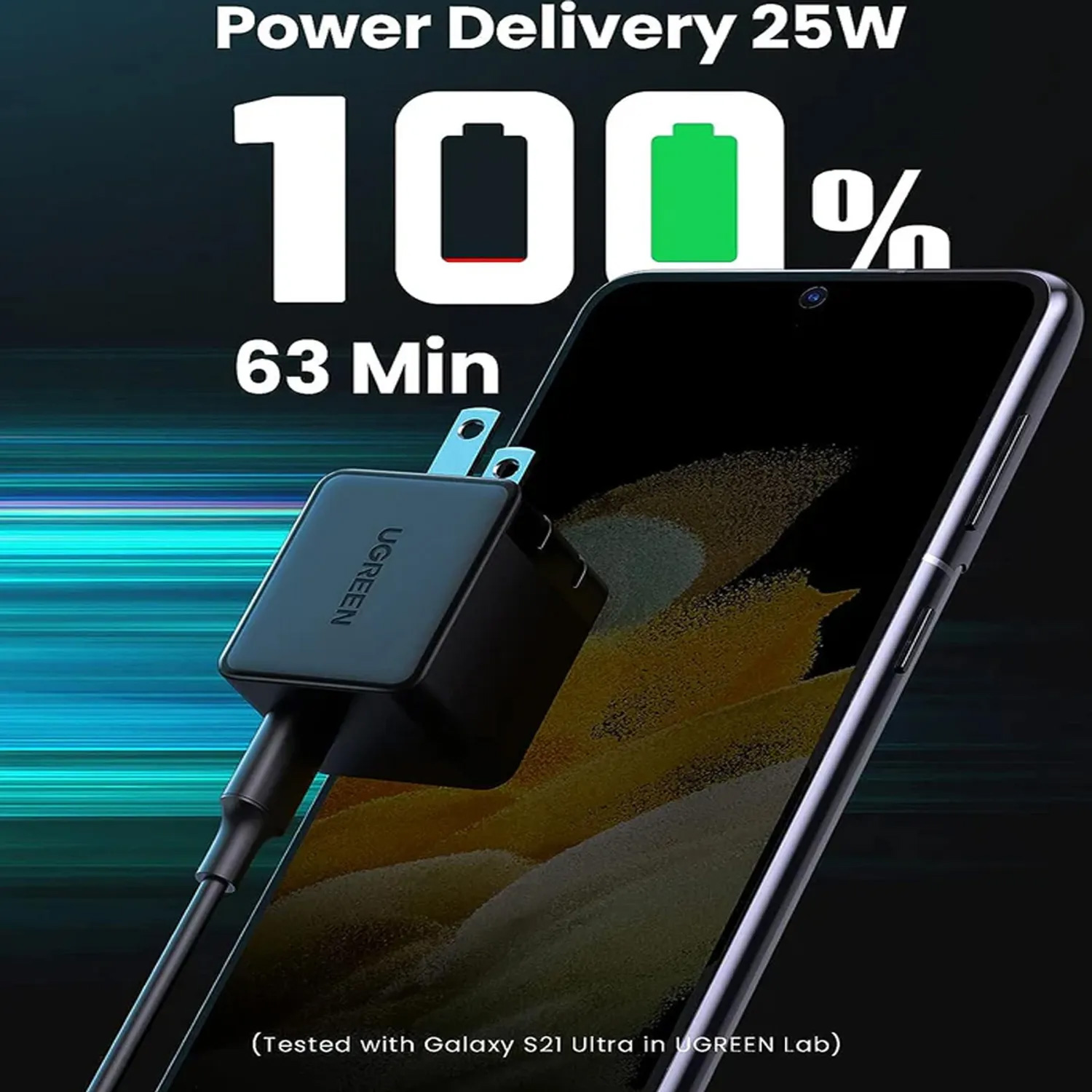 Cargador Ugreen Carga Rapida + Cable USB-C 25W Negro 50576 - Imagen 3