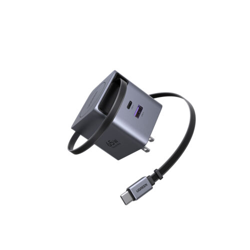 Cargador Ugreen 65W Gan Con Cable Retractil USB-C Carga Rapida X615-65824 Gris