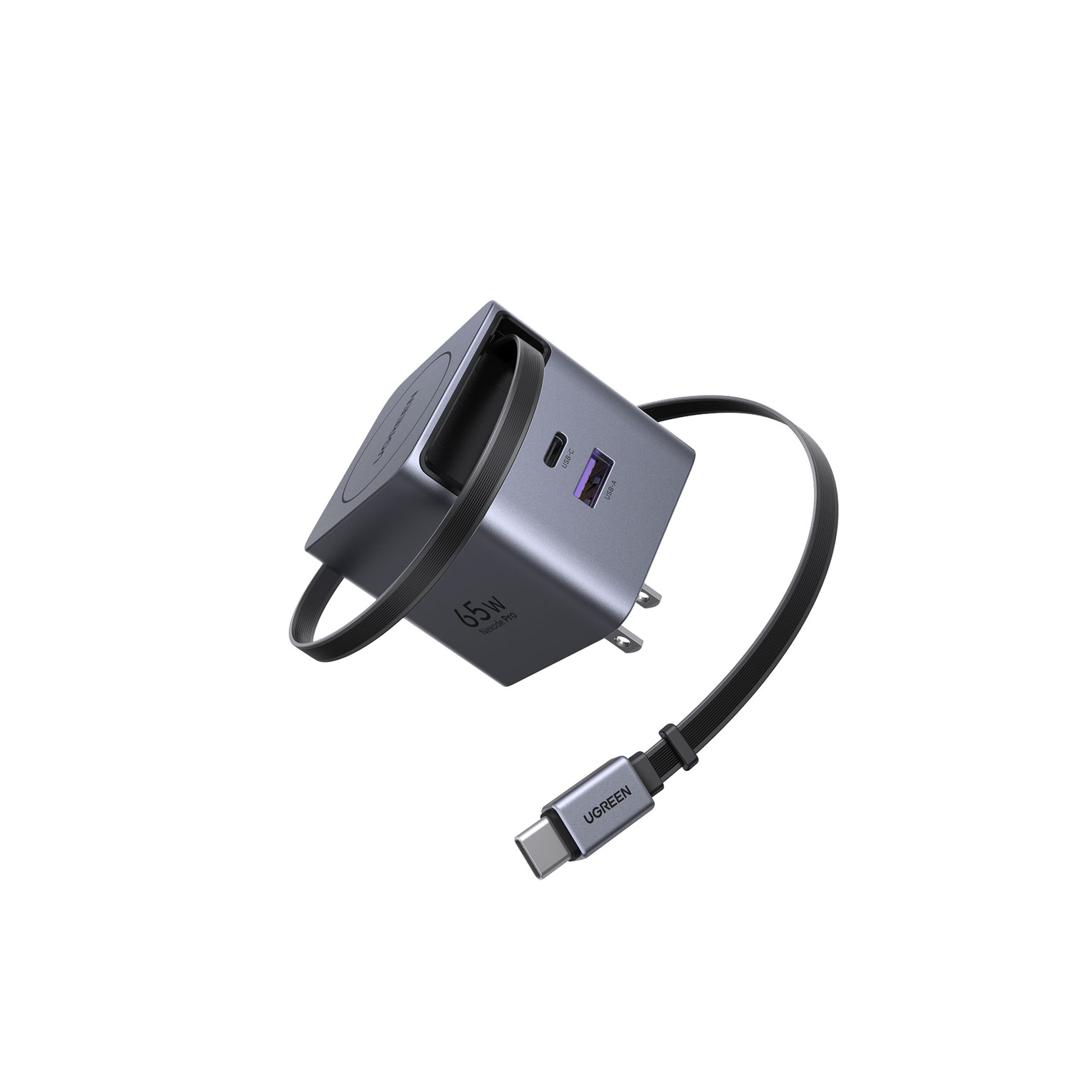 Cargador Ugreen 65W Gan Con Cable Retractil USB-C Carga Rapida X615-65824 Gris