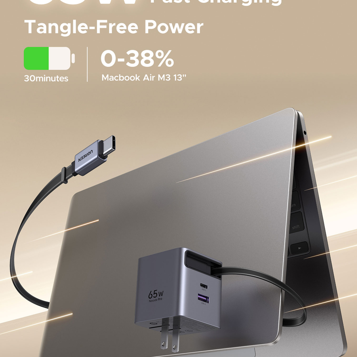 Cargador Ugreen 65W Gan Con Cable Retractil USB-C Carga Rapida X615-65824 Gris - Imagen 3