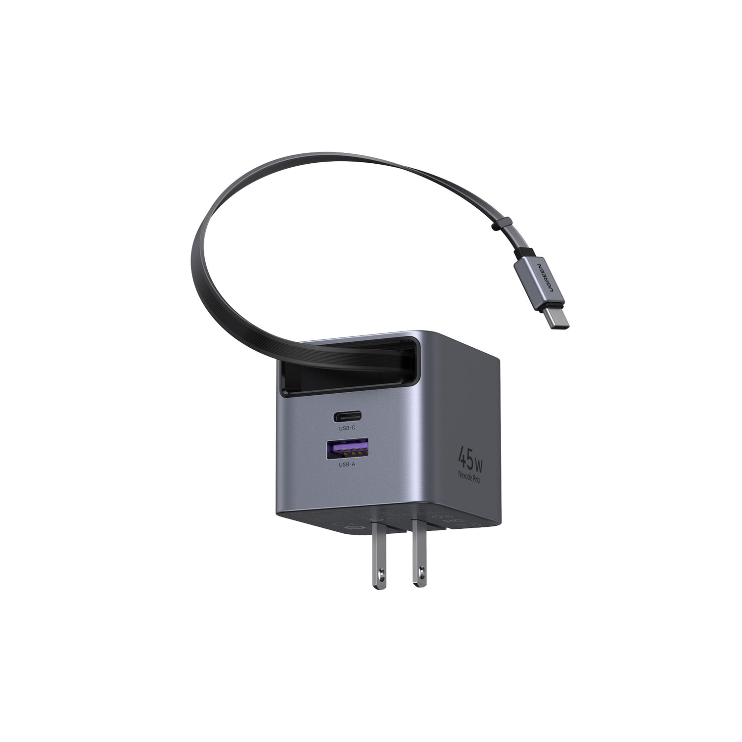 Cargador Ugreen 45W GaN con Cable Retráctil Gris X614 65821