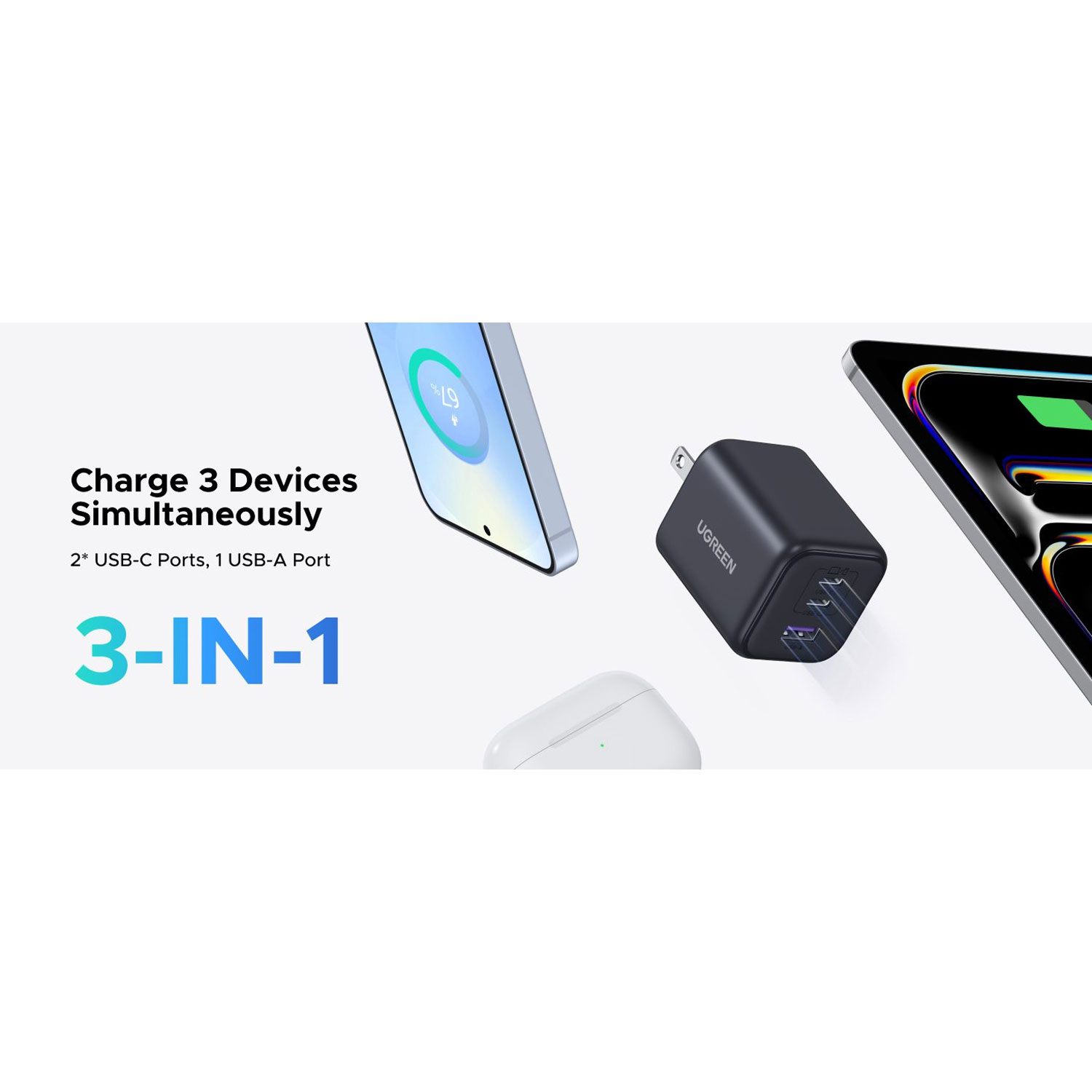 Cargador Ugreen 45W GaN 3 Puertos USB-C US 65155B - Imagen 4