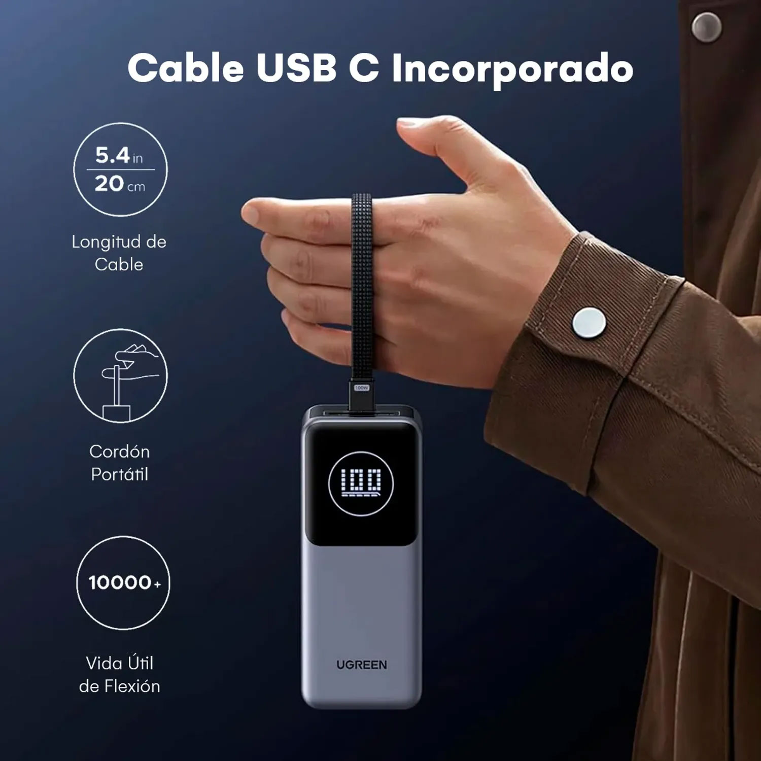 Power Bank Ugreen 130W 20000 mAh con Cable Integrado 55365B - Imagen 3