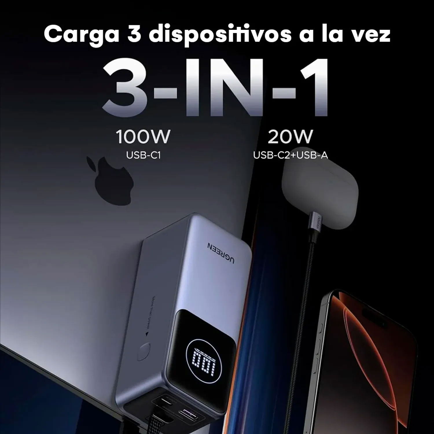 Power Bank Ugreen 130W 20000 mAh con Cable Integrado 55365B - Imagen 4