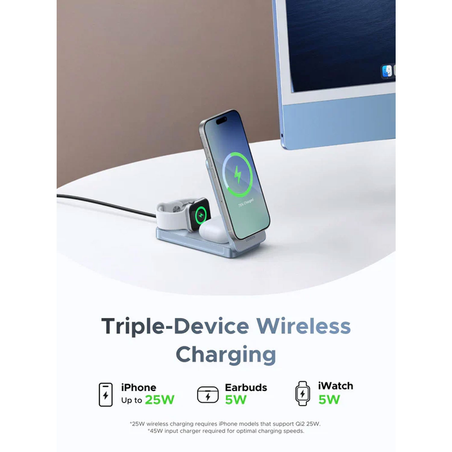 Cargador UGREEN 3 en 1 MagFlow 25W Qi2 Magsafe Inalámbrico Magnético Plegable W757 - 65901 - Imagen 3